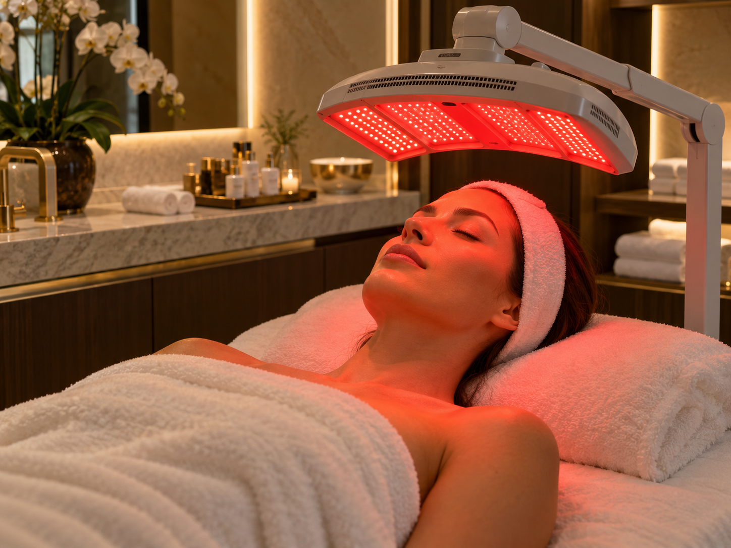 Anti-aging facial treatment with red LED light therapy